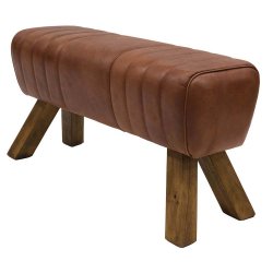 Lång sittpall med quiltat brunt läder & träben