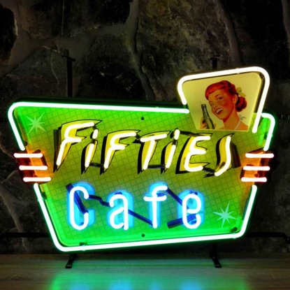 Neonskylt Fifties Cafe med bakgrund