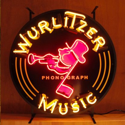 Neonskylt Wurlitzer music med bakgrund