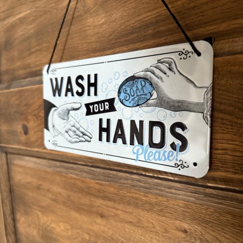 Plåtskylt med hänge Wash your hands
