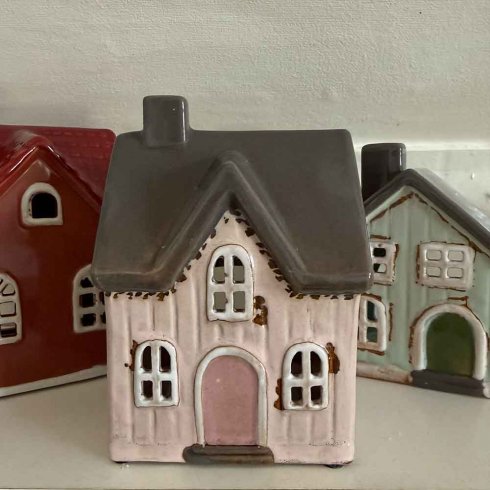 Keramikhus Rosa/grått för värmeljus 14 cm