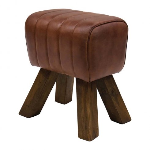 Sittpall med quiltat mörkbrunt läder & träben