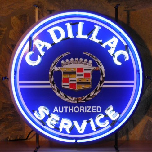 Neonskylt Cadillac Service med bakgrund