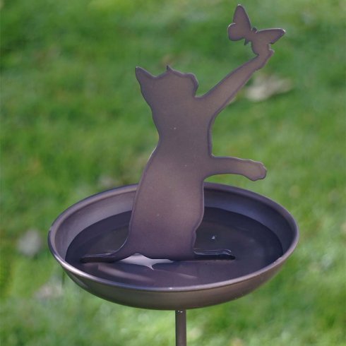 Trädgårdsstick katt med fågelmatare metall