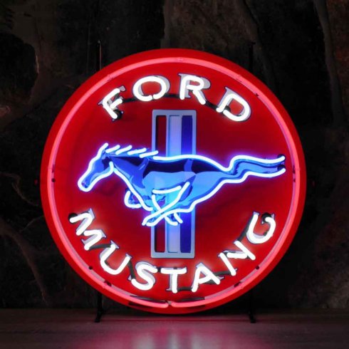 Neonskylt Ford Mustang med bakgrund