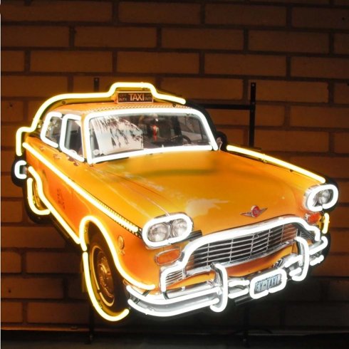 Neonskylt Taxi Checker Cab med bakgrund