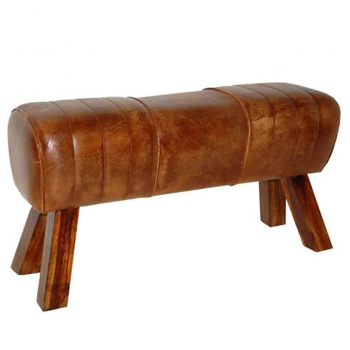 Lång sittpall med quiltat läder & träben