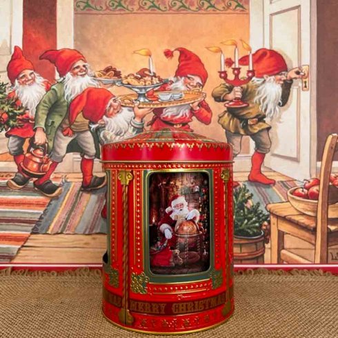 Plåtburk Speldosa julröd Tomte