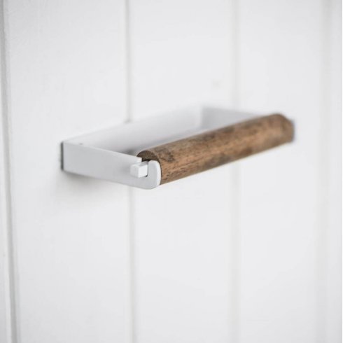 Gammaldags Toalettrullehållare vit med trärulle 