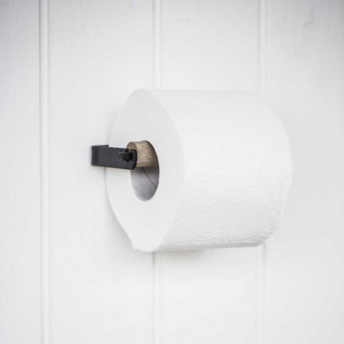 Andrahandssortering Gammaldags Toalettrullehållare svart med trärulle 