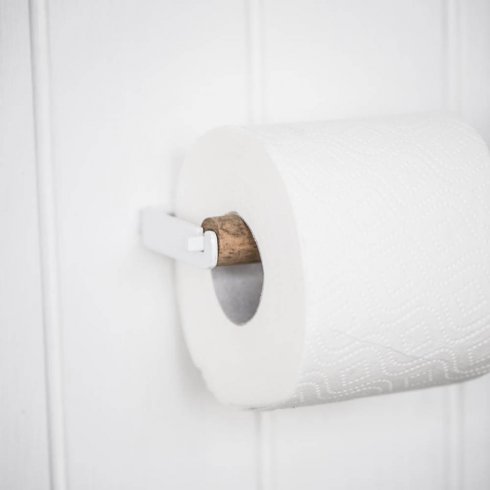 Gammaldags Toalettrullehållare vit med trärulle 